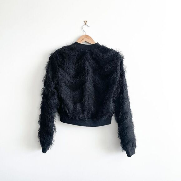 BCBGMAXAZRIA Womens Eyelash Faux Fur Semi Cropped Full Zip Black Small - Picture 2 of 8